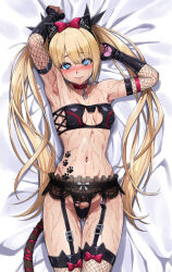 Rule 34 | 1girl, ajula wachula, arm up, armpits, bad link, bed sheet, black gloves, blonde hair, blue eyes, blush, bow, breasts, cat cutout, cat tail, clothing cutout, cowboy shot, fishnet gloves, fishnet thighhighs, fishnets, gloves, highres, long hair, looking at viewer, lying, navel, paw print, red bow, small breasts, sweat, tail, thighhighs, twintails