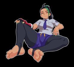 1girl absurdres barefoot bingbingzi black_background black_hair dark-skinned_female dark_skin feet freckles hand_on_own_knee highres long_hair looking_at_viewer multicolored_hair nemona_(pokemon) orange_eyes pokemon pokemon_swsh ponytail smile soles stirrup_legwear streaked_hair toeless_legwear toes