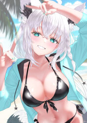Rule 34 | 1girl, absurdres, ahoge, animal ears, aqua eyes, aqua jacket, arm up, bikini, black bikini, braid, breasts, cleavage, double fox shadow puppet, drawstring, fox ears, fox shadow puppet, fox tail, front-tie bikini top, front-tie top, grin, halterneck, hand up, highres, hololive, jacket, large breasts, long hair, long sleeves, looking at viewer, nanaki24, navel, open clothes, open jacket, shirakami fubuki, side-tie bikini bottom, smile, solo, stomach, string bikini, swimsuit, tail, virtual youtuber, white hair