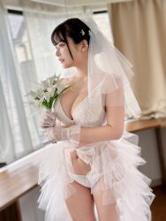 1girl absurdres black_hair blurry blurry_background bra breasts bridal_gauntlets bridal_veil bride cleavage curtains earrings flower highres indoors japanese_(nationality) jewelry large_breasts looking_to_the_side navel panties photo_(medium) real_life shinonome_umi short_hair standing tablet underwear veil