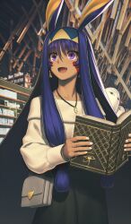 1girl :d animal_ears ankh black_skirt book commentary_request cowboy_shot dark-skinned_female dark_skin earrings eye_of_horus facial_mark fate/grand_order fate_(series) fingernails game_cg headband holding holding_book implied_extra_ears indoors jackal_ears jewelry long_hair long_sidelocks long_sleeves low-tied_sidelocks medjed_(fate) nitocris_(fate) official_alternate_costume official_art open_book open_mouth pendant photo_background purple_eyes purple_hair shima_udon shirt sidelocks skirt smile solo third-party_source very_long_hair very_long_sidelocks white_nails white_shirt