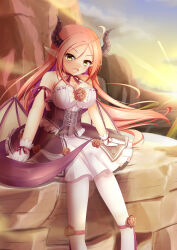 Rule 34 | 1girl, ahoge, breasts, corset, dragon girl, dragon horns, dragon tail, dragon wings, highres, horns, iris mysteria!, large breasts, long hair, looking at another, peraplus0112, pointy ears, red hair, rock, sharon oliva, sitting, sunset, tail, wings, yellow eyes
