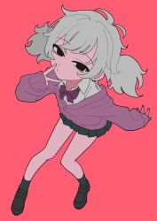 1girl black_skirt bow brown_eyes cardigan closed_mouth collared_shirt full_body grey_hair highres loafers long_sleeves looking_at_viewer original pink_background pleated_skirt red_background shirt shoes simple_background skirt sleeves_past_wrists socks solo start_furuike white_shirt