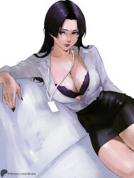 1girl arm_rest bion_(insomn_bion) black_hair black_nails black_skirt blue_eyes bra breasts cleavage eyeshadow highres lanyard large_breasts long_hair makeup marvel marvel_rivals office_lady partially_unbuttoned pencil_skirt psylocke purple_bra purple_eyeshadow purple_hair purple_lips shirt shirt_tucked_in simple_background sitting skirt solo underwear white_background white_shirt x-men