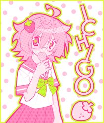 Rule 34 | 1girl, ahoge, blush, bow, candy, colored skin, dotted background, eating, food, food-themed hair ornament, fruit, green bow, hair between eyes, hair ornament, holding candy, holding food, holding lollipop, lollipop, lollipop in mouth, looking at viewer, mugi44i, pink eyes, pink hair, pink sailor collar, pink skin, pink skirt, sailor collar, school uniform, serafuku, skirt, solo, strawberry, strawberry hair ornament, upper body