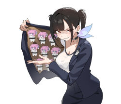 1girl breasts brown_eyes doro_(nikke) goddess_of_victory:_nikke half-closed_eyes hand_up hashtag-only_commentary highres id_card jacket large_breasts looking_at_viewer open_clothes open_jacket parted_lips shirt short_hair simple_background solo sora_(nikke) twintails upper_body v-shaped_eyebrows wge white_background white_shirt