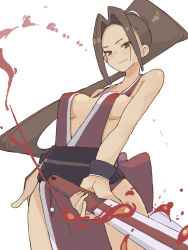 Rule 34 | 1girl, blood, breasts, brown eyes, brown hair, cleavage, dress, hand fan, high ponytail, highres, holding, holding fan, long hair, looking at viewer, motoyui, obi, ooiwa (irc14786149), pelvic curtain, ponytail, red dress, revealing clothes, sash, shiranui mai, sideboob, simple background, solo, the king of fighters, white background