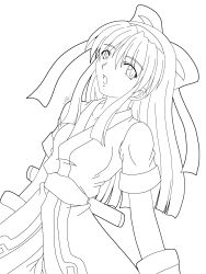 1girl absurdres ainu_clothes breasts hair_ribbon highres legs long_hair looking_at_viewer medium_breasts monochrome nakoruru open_mouth pants ribbon samurai_spirits sketch snk solo the_king_of_fighters thighs tongue weapon