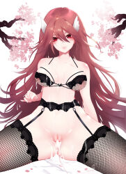 1girl absurdres black_lingerie breasts bunnixia cherry_blossoms commission commissioner_upload cordelia_(fire_emblem) cum cum_in_pussy cum_on_body cum_on_breasts cum_on_legs cum_on_upper_body fire_emblem fire_emblem_awakening hair_ornament highres long_hair looking_at_viewer medium_breasts nintendo pink_lips pussy red_eyes red_hair sitting solo spread_legs uncensored wing_hair_ornament