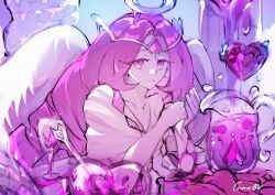 1girl angel angel_wings colored_skin cookie_run cookie_run:_kingdom dress eternal_sugar_cookie graveboundveil halo highres long_hair looking_at_viewer pink_eyes pink_hair pink_skin smile solo very_long_hair white_dress wings
