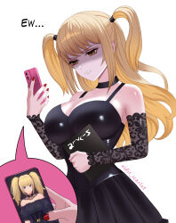 Rule 34 | 2girls, amane misa, ani (xai), artist name, black choker, black dress, breasts, cellphone, choker, cleavage, death note, death note (object), detached sleeves, disgust, dress, eidis scarlet, highres, holding, holding phone, large breasts, long hair, looking at phone, multiple girls, nail polish, phone, red eyes, red nails, shaded face, sidelocks, simple background, twintails, twitter, white background, xai (company)