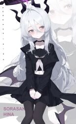Rule 34 | 1girl, absurdres, ahoge, black choker, black halo, black pantyhose, black serafuku, blue archive, blush, breasts, character name, chinese commentary, choker, closed mouth, collarbone, commentary, cosplay, demon girl, demon horns, demon wings, double-parted bangs, frown, hair between eyes, hair intakes, halo, highres, hina (blue archive), horns, long hair, looking to the side, low wings, macha bafei, midriff, navel, neckerchief, pantyhose, plana (blue archive), plana (blue archive) (cosplay), purple eyes, school uniform, serafuku, simple background, sitting, small breasts, solo, v arms, very long hair, white background, white hair, white neckerchief, wings, zoom layer