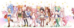 +_+ 10s 2014 6+girls absurdres animal_ears animal_print baby_animal bird blush boar_(chinese_zodiac) braid breasts budget_sarashi byulzzi cat_ears cat_girl cat_tail chick chinese_zodiac cleavage cow_ears cow_girl cow_horns cow_tail cutoffs dog_(chinese_zodiac) dog_ears dog_girl dog_tail dragon_(chinese_zodiac) dragon_horns dragon_tail dress eyepatch goat_ears goat_horns gradient_hair heart highres hobby_horse horns horse_(chinese_zodiac) horse_ears horse_girl horse_tail long_hair medium_breasts midriff monkey_(chinese_zodiac) monkey_ears monkey_tail mouse_ears mouse_tail multicolored_hair multiple_girls one-piece_swimsuit open_mouth original overalls ox_(chinese_zodiac) pantyhose pig_ears pig_girl pig_tail rabbit_(chinese_zodiac) rabbit_ears rat_(chinese_zodiac) rooster_(chinese_zodiac) sarashi sheep_(chinese_zodiac) short_hair shorts signature small_breasts smile snake_(chinese_zodiac) star_(symbol) striped_legwear swimsuit tail tears thighhighs tiger_(chinese_zodiac) tiger_ears tiger_print tiger_tail twin_braids two-tone_hair underboob wings