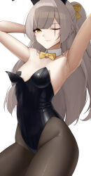 Rule 34 | 1girl, absurdres, alternate costume, animal ears, armpits, arms up, bare shoulders, black leotard, black pantyhose, black pasties, bow, bowtie, brown eyes, casperrin, closed mouth, commentary, cowboy shot, detached collar, english commentary, fake animal ears, girls&#039; frontline, girls&#039; frontline 2: exilium, hair bow, highres, leotard, leotard peel, leva (girls&#039; frontline 2), looking at viewer, one eye closed, pantyhose, playboy bunny, rabbit ears, scar, scar across eye, scar on face, simple background, solo, ump45 (girls&#039; frontline), white background, yellow bow, yellow bowtie