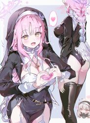 0202ase 2girls absurdres alternate_costume ass black_leotard black_veil blush breasts brown_eyes cleavage coif commentary_request cosplay feathered_wings feet_out_of_frame flying_sweatdrops grey_hair halo heart heart_hands highres leotard long_hair long_sleeves looking_at_viewer low-braided_long_hair low-tied_long_hair low_wings mika_(blue_archive) multiple_girls multiple_views nun open_mouth pelvic_curtain pink_hair pink_halo purple_eyes sakurako_(blue_archive) sisterhood_member_(blue_archive) sisterhood_member_(blue_archive)_(cosplay) smile solo_focus spoken_heart standing thighs veil white_wings wings yellow_eyes