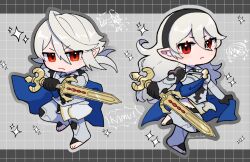 1boy 1girl cape corrin_(female)_(fire_emblem) corrin_(fire_emblem) corrin_(male)_(fire_emblem) fire_emblem fire_emblem_fates hair_between_eyes highres leon0630claude long_hair looking_at_viewer nintendo pointy_ears red_eyes white_hair yato_(fire_emblem)
