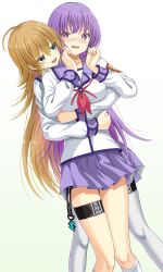Rule 34 | 2girls, :d, ahoge, angel beats!, arm under breasts, blonde hair, blue skirt, blush, breasts, clenched hands, commentary, dutch angle, feet out of frame, hair between eyes, heaven burns red, highres, hug, hug from behind, irie miyuki, kneehighs, long hair, long sleeves, looking at another, medium breasts, miniskirt, mochimugi rice, multiple girls, neckerchief, nose blush, open mouth, pink neckerchief, pleated skirt, purple eyes, purple hair, purple sailor collar, purple skirt, sailor collar, school uniform, sekine shiori, serafuku, shinda sekai sensen uniform, shirt, skirt, smile, socks, standing, thigh strap, thighhighs, v-shaped eyebrows, very long hair, white shirt, white thighhighs, yuri