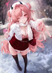 1girl absurdres black_boots black_thighhighs blue_archive blush boots breasts cellphone cellphone_charm charm_(object) cleavage dora_(garyeong) grin gyaru gyaru_v hair_intakes halo highres holding holding_phone jewelry kirara_(blue_archive) long_hair looking_at_viewer multiple_necklaces nail_polish necklace one_eye_closed parted_lips phone pink_eyes pink_hair red_nails smile snowman solo standing thigh_boots thighhighs thighhighs_under_boots v very_long_hair