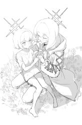 2girls absurdres aged_down atsuko_(blue_archive) barefoot blue_archive blush closed_eyes closed_mouth flower from_above greyscale halo highres holding holding_flower hood hood_down hooded_jacket jacket long_hair long_sleeves monochrome multiple_girls open_clothes open_jacket parack shirt short_sleeves sitting sitting_on_lap sitting_on_person smile