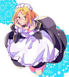 1boy apron black_bow black_bowtie black_dress blonde_hair bow bowtie brown_eyes commentary crossdressing dress glasses grin hair_ornament hairclip heavy_object ishiwari light_blush long_sleeves looking_at_viewer maid maid_apron maid_headdress qwenthur_barbotage red-framed_eyewear short_hair smile trap white_apron white_background