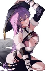 Rule 34 | 1girl, ass, blush, breasts, cleavage, cleavage cutout, closed mouth, clothing cutout, commentary request, detached sleeves, fur-trimmed sleeves, fur trim, girls&#039; frontline, girls&#039; frontline neural cloud, harafrontline, hat, highres, jingasa, korean commentary, large breasts, long hair, looking at viewer, purple eyes, purple hair, sangoma (neural cloud), simple background, smile, solo, tongue, tongue out, white background