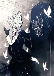 Rule 34 | 1boy, animal head, animal print, black butterfly, black coat, black gloves, black suit, bug, butterfly, coat, coffin, e.g.o (project moon), extra arms, formal clothes, funeral of the dead butterflies, gloves, insect, limbus company, long sleeves, overcoat, project moon, sabaage, solo, suit, white butterfly