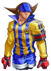 Rule 34 | 1boy, absurdres, ball, blue shorts, brown hair, collared shirt, covered eyes, cropped legs, edaki shin&#039;ya, game cg, gloves, highres, justice gakuen, long sleeves, male focus, moero! justice gakuen, non-web source, official art, roberto miura, shirt, shorts, simple background, soccer uniform, solo, spiked hair, sportswear, striped clothes, striped shirt, visor cap, white background