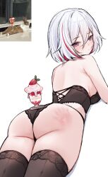 1girl absurdres ass ass_focus back bare_shoulders black_thighhighs blue_eyes food fruit gluteal_fold grey_hair highres honkai:_star_rail honkai_(series) ice_cream_cup lace lace-trimmed_thighhighs lace_trim light_blush lingerie looking_at_viewer lying miclipse multicolored_hair on_stomach photo_inset reference_inset short_hair simple_background slap_mark solo spanked strawberry thighhighs thighs topaz_(honkai:_star_rail) underwear underwear_only white_background