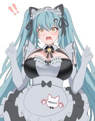 1girl absurdres animal_ears apron bell blue_hair blush breasts cat_ears cleavage dress elbow_gloves gloves goddess_of_victory:_nikke highres large_breasts long_hair looking_at_viewer maid maid_apron maid_headdress neck_bell open_mouth privaty_(nikke) privaty_(unkind_maid)_(nikke) simple_background solo twintails upper_body velmillix very_long_hair white_background white_gloves white_headdress yellow_eyes
