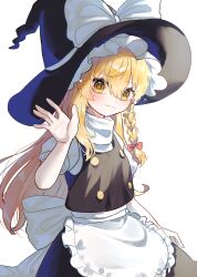 1girl apron back_bow black_vest blonde_hair blush bow braid chocoeiru closed_mouth commentary_request hair_bow hat hat_bow highres kirisame_marisa light_smile long_hair looking_at_viewer red_bow side_braid simple_background single_braid solo touhou very_long_hair vest waist_apron white_background white_bow witch_hat yellow_eyes