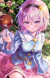 1girl arm_support blue_shirt blush breasts buttons commentary_request dot_nose eyeball floral_print flower flower_request frilled_shirt_collar frills from_above hair_between_eyes hair_ornament hairband hand_up heart heart_button heart_hair_ornament highres komeiji_satori light_smile long_sleeves looking_at_viewer medium_breasts parted_lips pink_eyes pink_hair pink_skirt rose rouge_(my_rouge) shirt short_hair sitting skirt solo stenciled_rose third_eye touhou upturned_eyes wide_sleeves yellow_flower