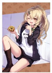 1girl ;d alternate_costume black_hoodie black_jacket black_shorts blonde_hair boots bow braid brown_boots clothes_writing danish_pastry food food-themed_hair_ornament gratin green_bow hair_bow hair_ornament hairclip holding holding_food hood hoodie jacket kirisame_marisa knee_boots kure~pu lace-up_boots long_hair long_sleeves looking_at_viewer mushroom_hair_ornament one_eye_closed open_mouth shirt shorts side_braid single_braid sitting smile solo touhou white_shirt