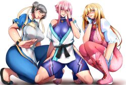3girls ass bare_shoulders belt black_belt blonde_hair blue_eyes boots breasts brown_hair capcom chun-li crossover crouching dress emilie_de_rochefort fingerless_gloves gloves hand_on_own_face large_breasts long_hair looking_at_viewer manon_legrand multiple_girls niwatori_(eck16614) one_eye_closed pants pink_hair short_hair_with_long_locks short_sleeves shorts squatting street_fighter street_fighter_6 tekken tekken_8 white_background wink