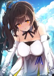 1girl blue_sky blush breasts brown_eyes brown_hair cevio cleavage commentary_request detached_collar detached_sleeves dress eari hair_between_eyes hair_ornament large_breasts long_hair long_sleeves looking_at_viewer open_mouth outdoors satou_sasara side_ponytail sky solo variant_set water white_dress