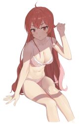 1girl :o absurdres ahoge arm_support bra breasts cleavage closed_mouth collarbone eris_greyrat feet_out_of_frame gejiu hand_up highres invisible_chair long_hair medium_breasts multi-strapped_panties mushoku_tensei navel panties pink_bra pink_panties playing_with_own_hair red_eyes red_hair simple_background sitting solo thighs underwear underwear_only very_long_hair white_background