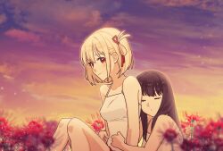 2girls black_hair blonde_hair blush camisole closed_eyes closed_mouth commentary_request dotoram dusk flower hair_ribbon highres hug hug_from_behind inoue_takina korean_commentary long_hair lycoris_recoil multiple_girls nishikigi_chisato one_side_up outdoors red_eyes red_ribbon ribbon short_hair smile spider_lily sunset white_camisole yuri