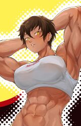 1girl abs absurdres arms_behind_head breasts brown_hair commentary_request dark-skinned_female dark_skin ear_piercing earrings hair_ornament halftone halftone_background highres jewelry large_breasts mishislover mole mole_under_eye muscular muscular_female original piercing short_hair solo spanish_commentary sports_bra stud_earrings upper_body white_sports_bra yellow_eyes
