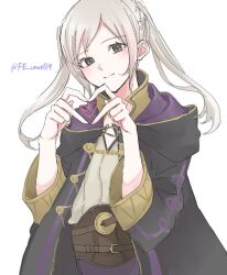 1girl belt black_robe blush brown_belt brown_eyes closed_mouth commentary female_robin_(fire_emblem) fire_emblem fire_emblem_awakening grey_hair grey_shirt heart heart_hands hood hood_down hooded_robe long_hair looking_at_viewer nintendo open_clothes robe sayaka_(fe_uma274) shirt simple_background smile solo swept_bangs twintails twitter_username white_background