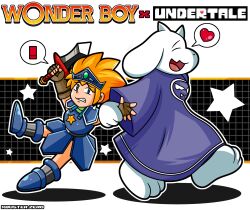 armor blonde_hair chibi commission crossover fantasy game_console highres indie_game monster_world sega sword toriel toriel_(undertale) undertale video_game weapon wonder_boy wonder_boy_(character) wonder_boy_(series) wonder_boy_in_monster_land xbuster
