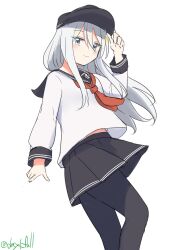 1girl absurdres black_hat black_pantyhose black_sailor_collar black_skirt blue_eyes feet_out_of_frame flat_cap hat hibiki_(kancolle) highres kantai_collection neckerchief one-hour_drawing_challenge pantyhose red_neckerchief robinson_(day_l_full) sailor_collar shirt simple_background skirt solo standing twitter_username white_background white_hair white_shirt