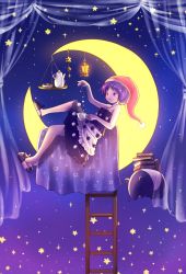 1girl :3 animal arinu bare_legs bare_shoulders blue_eyes blue_hair blush book closed_mouth commentary_request cookie crescent_moon cup curtains doremy_sweet dress dropping female_focus floating food hanging hat highres kettle ladder lantern moon multicolored_dress night night_sky nightcap no_tail on_crescent pom_pom_(clothes) red_hat short_hair sitting_on_moon sky slippers solo splashing star_(sky) star_(symbol) sugar_cube tapir teacup touhou tray