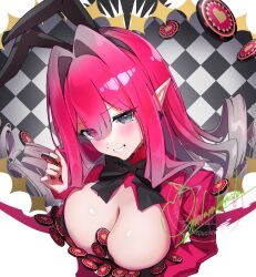 1girl animal_ears baobhan_sith_(fate) blush breasts cleavage fake_animal_ears fate/grand_order fate_(series) hand_up highres leotard long_hair looking_at_viewer pink_hair pointy_ears rabbit_ears red_leotard shafurakafusha smile solo