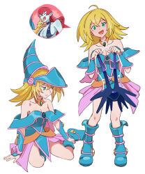 1girl bare_shoulders black_one-piece_swimsuit blonde_hair blue_dress blue_hat blue_skin blush_stickers breasts cleavage colored_skin dark_magician_girl dress duel_monster futa_yuri_ryona green_eyes harpie_lady hat highres large_breasts long_hair medium_breasts medium_hair multiple_views one-piece_swimsuit pink_skirt red_hair simple_background skirt spoken_character swimsuit white_background yu-gi-oh!