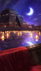 architecture candle candlelight chocolate_lady_no_karasawagi commentary crescent_moon fate/grand_order fate_(series) floating_candle moon night night_sky no_humans official_art outdoors purple_sky river scenery sky star_(sky) starry_sky tateishi_ken third-party_source water ziggurat