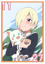 1girl 1other animal blonde_hair blush can canned_tuna cat closed_mouth commentary_request dated earclip excited green_eyes hair_over_one_eye hanpen_(love_live!) happy holding holding_animal holding_can holding_cat looking_at_food looking_down love_live! love_live!_nijigasaki_high_school_idol_club mia_taylor motion_lines november open_mouth pet_food purple_eyes short_hair smile sparkling_eyes translated two-tone_shirt whiskers white_fur zasshoku_ojisan