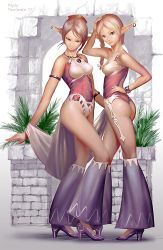 2girls arch armlet ass bracelet braid breasts brown_hair detached_pants earrings elf full_body halterneck hand_on_head hand_on_own_hip high_heels highleg highleg_leotard hip_focus jewelry leotard long_hair looking_at_viewer matching_outfits medium_breasts mole mole_under_eye multiple_girls noba pixiv_fantasia pixiv_fantasia_4 plant pointy_ears revealing_clothes shawl shoes smile thighs thong_leotard