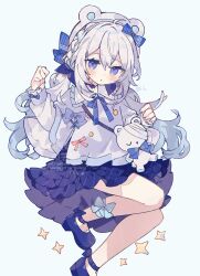 Rule 34 | 1girl, :o, blue background, blue bow, blue eyes, blue nails, blue ribbon, blue shoes, blue skirt, blush, bow, collared shirt, commentary, double-parted bangs, foot out of frame, frilled shirt collar, frilled sleeves, frills, hair bow, hat, highres, hisuiyasai, long hair, long sleeves, looking at viewer, nail polish, neck ribbon, original, parted lips, ribbon, shirt, shoes, simple background, skirt, solo, striped clothes, striped skirt, symbol-only commentary, watermark, white hair, white hat, white shirt