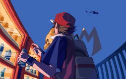 1boy armband backpack bag baseball_cap black_armband brown_hair can collared_shirt commentary cowboy_shot drink drink_can english_commentary flying gen_1_pokemon hat highres holding holding_drink legendary_pokemon looking_up male_focus mew_(pokemon) mythical_pokemon night night_sky nintendo on_shoulder outstretched_arm pikachu pokemon pokemon_(creature) pokemon_frlg pokemon_on_shoulder railing red_(pokemon) shirt short_hair short_sleeves sky solo tangi_ver vending_machine