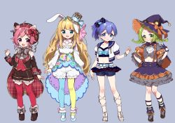 &gt;:) 4girls :d ahoge alternate_costume animal_ears animal_hat asymmetrical_legwear bear_ears bear_hat belt belt_buckle black_bow blonde_hair bloomers blue_background blue_bow blue_eyes blue_footwear blue_hair blue_pantyhose blue_sailor_collar blue_shorts blue_skirt blush boots bow brown_footwear brown_headwear brown_jacket brown_shorts buckle closed_mouth clothing_cutout crop_top fake_animal_ears fur-trimmed_boots fur_trim gloves green_eyes green_hair grey_shirt hair_between_eyes hair_bow hair_ornament hair_ribbon hat hat_bow heart heart_hair_ornament jacket long_hair long_sleeves midriff mini_hat mini_top_hat mismatched_legwear mononobe_alice morinaka_kazaki multiple_girls navi nijisanji open_clothes open_jacket open_mouth orange_bow pantyhose parted_bangs pink_hair pink_ribbon plaid ponytail puffy_long_sleeves puffy_short_sleeves puffy_sleeves purple_eyes purple_gloves purple_headwear purple_skirt rabbit_ears red_legwear ribbon sailor_collar sandals shirt short_shorts short_sleeves shorts shoulder_cutout simple_background skirt smile socks standing standing_on_one_leg striped_clothes striped_legwear striped_skirt striped_socks thighhighs tilted_headwear top_hat underwear ushimi_ichigo v-shaped_eyebrows vertical-striped_clothes vertical-striped_skirt very_long_hair virtual_youtuber white_belt white_bloomers white_footwear white_jacket white_shirt wide_sleeves witch_hat yamabukiiro yellow_legwear yuuki_chihiro