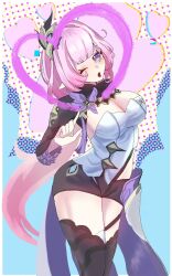 1girl ;o black_boots black_shorts blue_eyes boots breasts cleavage commentary corset elf elysia_(honkai_impact) elysia_(miss_pink_elf)_(honkai_impact) gettou0_0 hair_ornament highres honkai_(series) honkai_impact_3rd large_breasts long_hair looking_at_viewer one_eye_closed pink_hair pointy_ears short_shorts shorts shrug_(clothing) solo symbol-only_commentary thighs very_long_hair white_corset